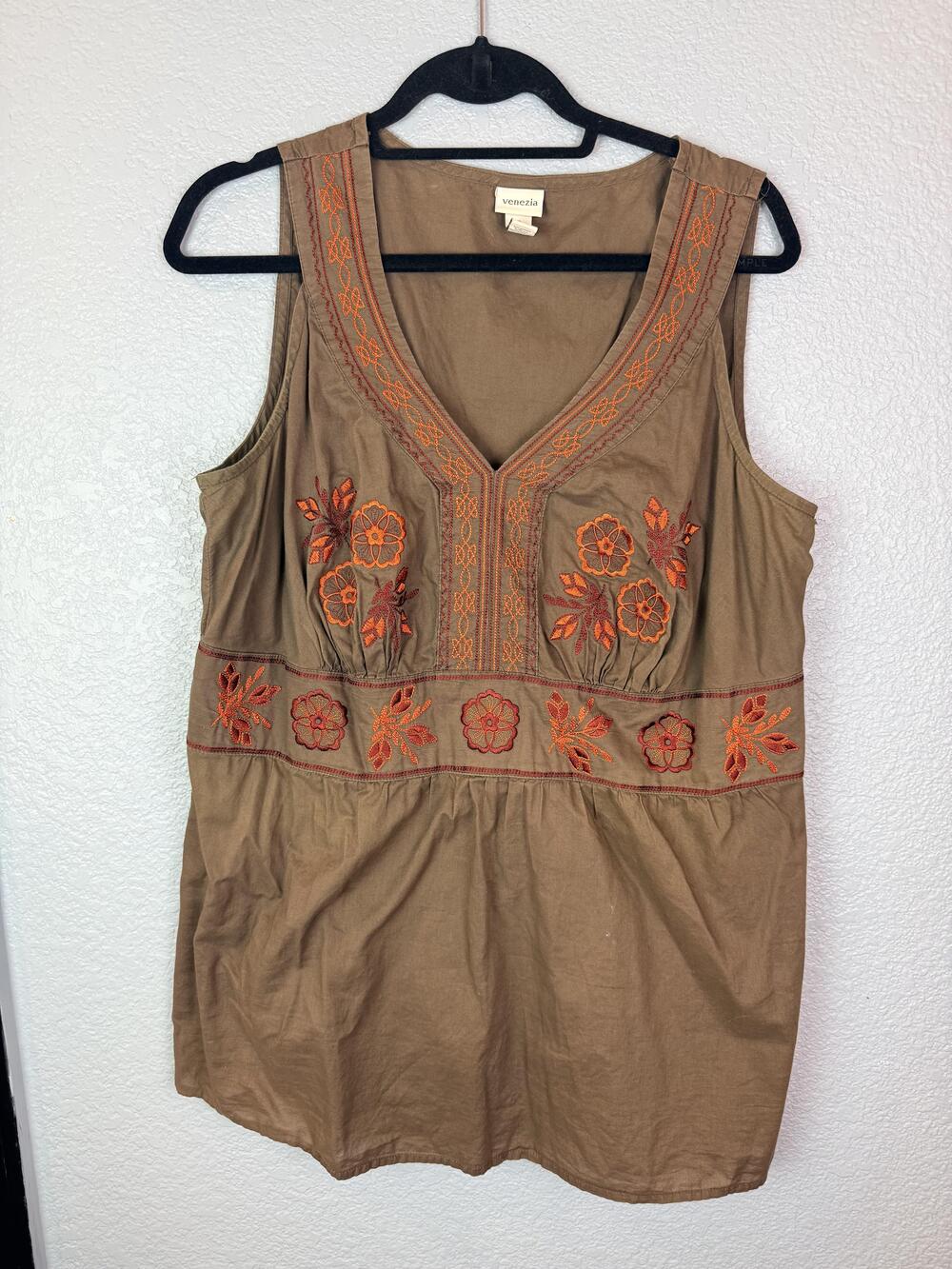 Venezia Tank Top Womens 18 Brown Embroidered Floral V Neck Tunic Boho Plus